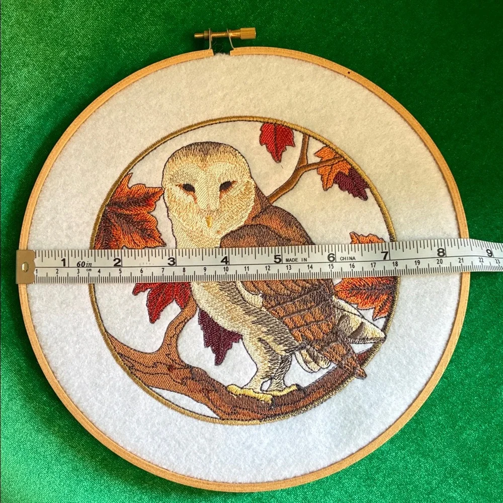 Wooden Round hoop with embroidered barn owl fall leaves wall decor autumn 8.5